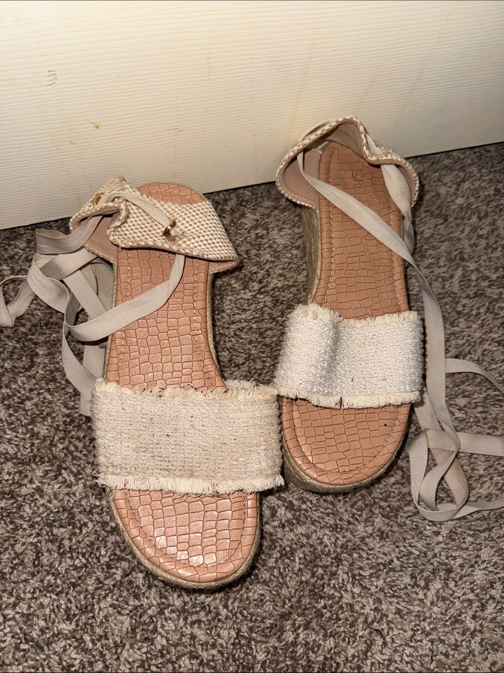Women’s Cream Linen Strap Sandals with Ankle Tie